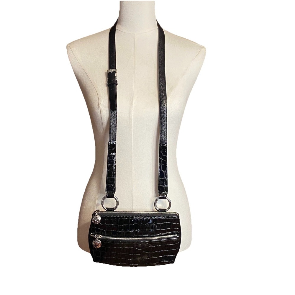 BRIGHTON CROSSBODY Purse Multi Pocket BLACK PEBBLED LEATHER W Dust Bag